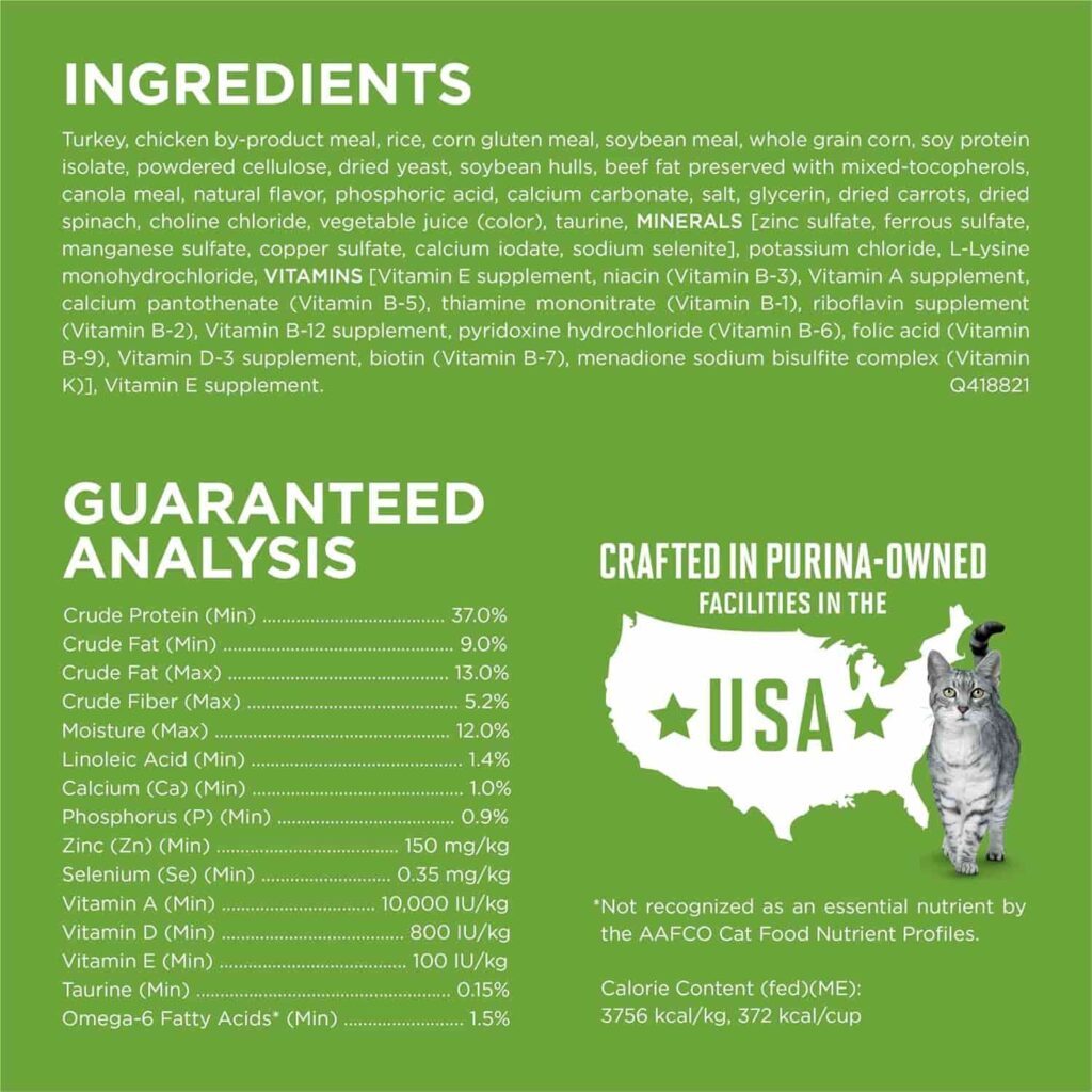 Purina One Indoor Advantage 22Lb cat food ingredients used